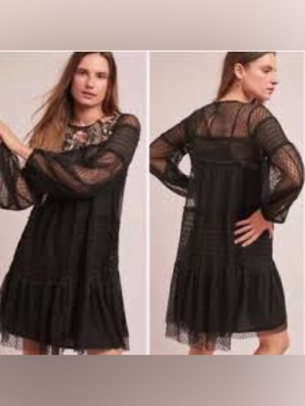 Maeve Black Embroidered Yoke Long-Sleeve Dress